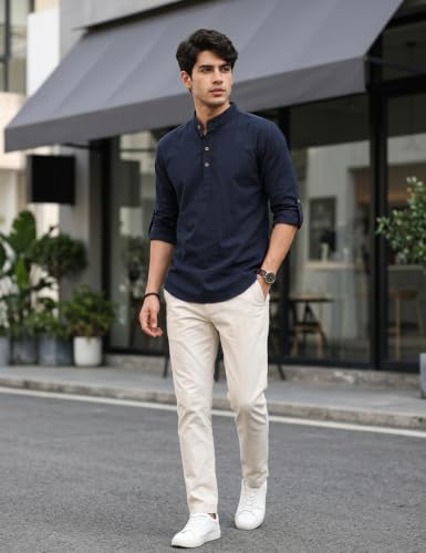 Image of Fifth U Men's Cotton Polyester Blend Solid Mandarin Collar Self Design Full Sleeve Casual Short Kurta