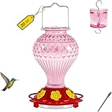 Glass Hummingbird Feeder for Outdoors Hanging, 20 oz Nectar Capacity, 6 Feeding Ports, Leak-Proof Rust-Free Plastic Base, Easy to Refill & Clean, Decorative Pink Glass Bird Feeder for Garden Patio