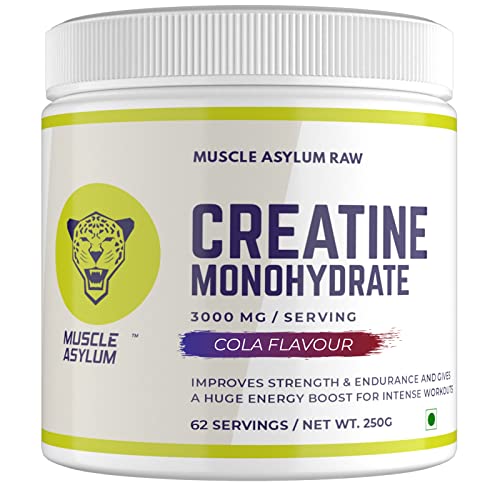 Image of Muscle Asylum Creatine Monohydrate Cola Flavour | 3000mg Creatine Per Serving | Pre Workout Supplement for Strength, Energy & Endurance | Fast Recovery & Muscle Growth | 62 Servings | 250g