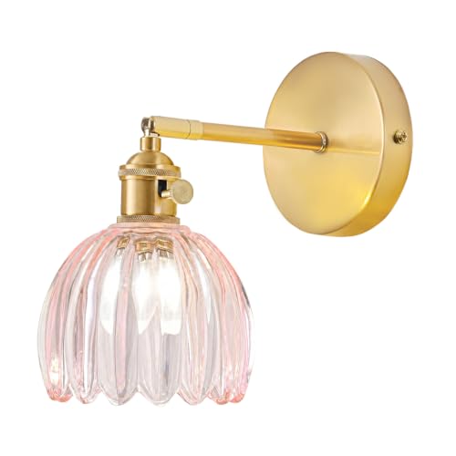 Image of NETHCUEL Hardwired Wall Sconce Lights, Vintage Wall Lights with Switch, Gold Wall Lights with Tulip Pink Glass Lampshade, Indoor Wall Lights for Bedrooms, Bedside Wall Lamp, Light Bulb Not Included