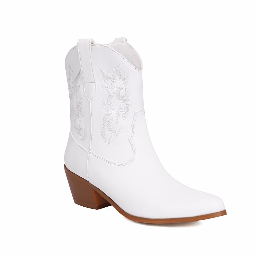 Cowboy Boots for Women Short Ankle Cowgirl Booties Wide Calf Embroidered Pointed Toe Block Heel Retro Moto Rider
