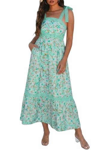 Image of Opemiby Womens Maxi Dress Spring Summer Sleeveless Lace Strap Empire Waist A Line Side Pockets Beach Casual Long Dresses