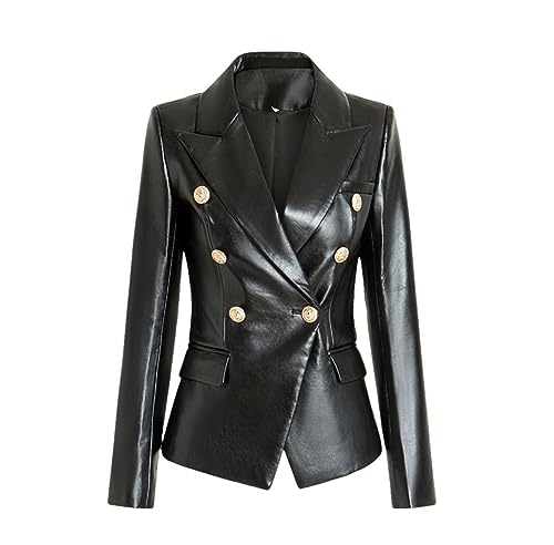 Blazer en cuir PU femmes ajusté noir veste de travail OL boutonnée