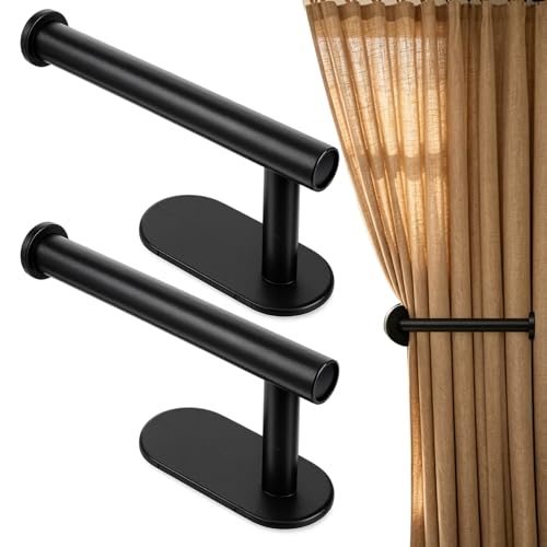 Image of 2Pcs Adhesive Curtain Holdbacks Curtains Holders For Wall Curtain Tie Backs No Drilling Curtains Hooks Hold Backs for Home Office Window Drapes, Black