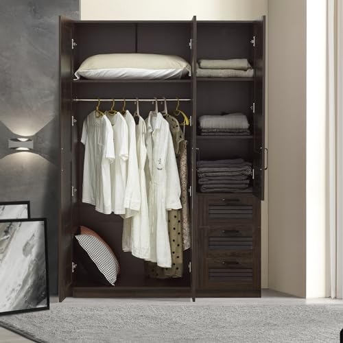 [en.casa] Armoire de Chambre avec Barre de Penderie 4 étagères 3 tiroirs Garde-Robe Placard Meuble de Rangement MDF 176 x 120 x 52 cm Effet Noyer Foncé
