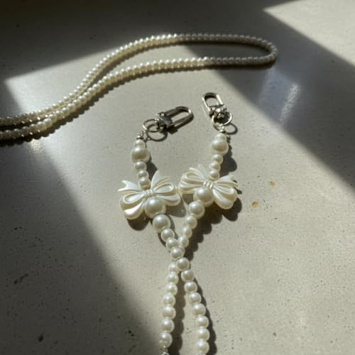 Image of KHOLAD White Bow Phone Chain Crossbody Pearl Strap | 2in1 Wrist & Shouler Crossbody Lanyard | Pearl Beads Charms Chain with Phone Tether Patches | Compatible with Most Phones, Bag, Purse