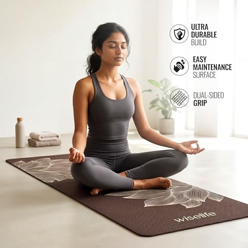 Image of Wiselife tpe Printed 6MM Yoga Mat + Yoga Strap For Men, Women, Kids|Anti-Slip Extra thick, long & Wide Exercise Sports Mat For Workout, Fitness, Yoga, Gym, Home & Pilates (Lotus-Brown)