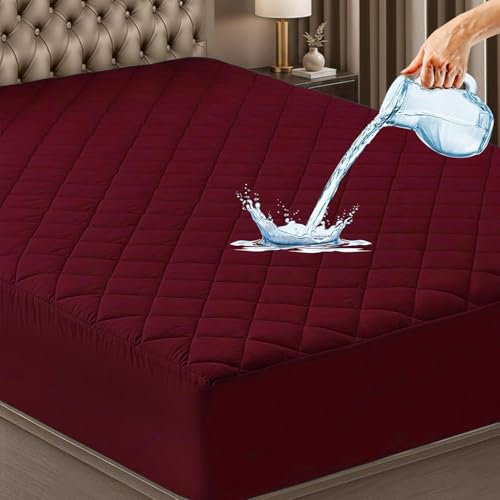 Image of 100% Waterproof Quilted Mattress Protector Premium Cotton Feel King Size, 72x78 Inches, Maroon, Machine Washable