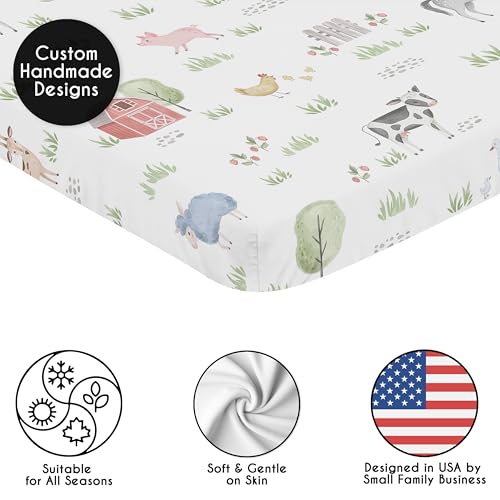 Image of Sweet Jojo Designs Baby Fitted Mini Crib Sheet (Farm Animals) for Boys or Girls, Newborn /Infant Nursery, Play Yards, Portable Cribs (Neutral, Farmhouse, Country, Barn Animal, Farms Theme, Cow, Horse)