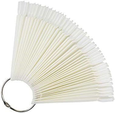 MOIBASE 50 Pcs Natural Fan-shaped False Nail Swatch Sticks Nail Polish Practice Display Art Tips Nail Sample Sticks With Metal Split Ring SW-A002