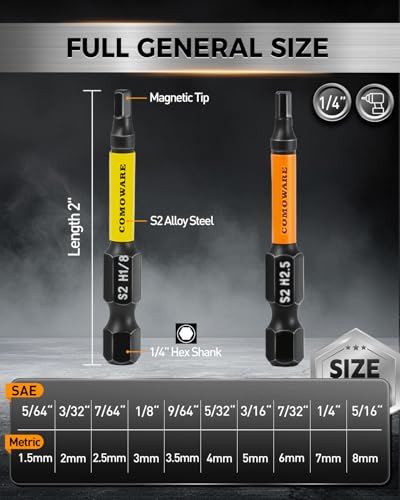 Image of COMOWARE Hex Key Drill Bit Set, Magnetic Tips, Quick Release, Pack of 20