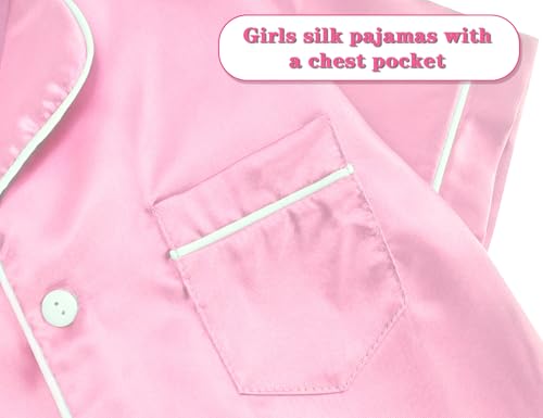 Domusgo Silk Pajamas for Girls Size 8-9 Years Old Pink Kids Short Sleeve PJ Set Soft Loungewear Satin Nightwear4