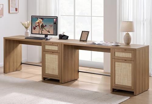 Image of SICOTAS Executive Desk with Large Cabinet, Drawer, Rattan Home Office Desk | 59 inch Boho Farmhouse Computer Table Vanity Desk for Home Office, Study, Living Room, Dining Room