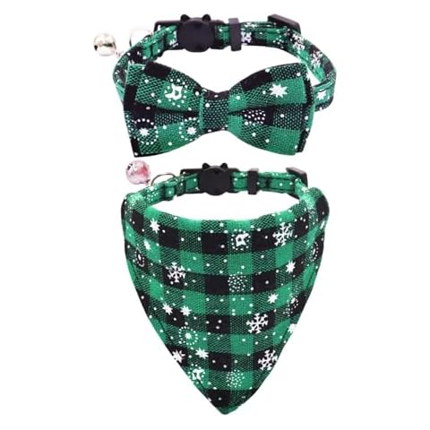 WDPAWS Christmas Cat Collars Breakaway with Bow Tie and Bandana, 2 Pack Red Green Plaid Christmas Kitten Collar with Bell, Removable Bowtie Bandana Cat Collar for Cats Kittens (S, Christmas Green) Cover