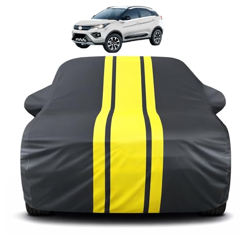 Image of Auto Hub Car Cover Compatible with Tata Nexon EV with Mirror Pocket, Soft Cotton Lining, Nexon Car Cover Waterproof - Yellow-Black