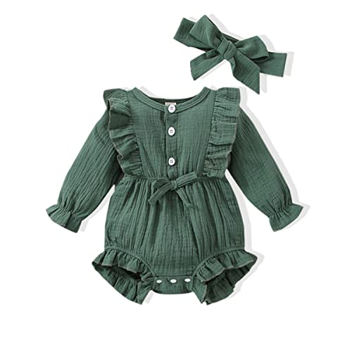 Image of JOPGEEY Newborn Baby Girl Fall Clothes Infant Romper Cotton Linen Jumpsuits Toddler Ruffle Bodysuit Outfits