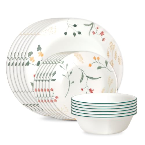 Corelle Vitrelle 18 Piece Glass Dinnerware Sets Service for 6, Triple Layer Chip & Crack Resistant Glass Plate and Bowl Sets, Wildflower