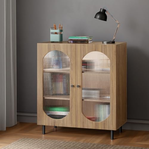 Image of Rocco Stellar Bookshelf with Auto LED Lights & Acrylic Fluted Doors | Engineered Wood Bookcase | Adjustable Shelves, Scratch-Resistant | Living Room, Library & Office (Oak, Medium Size)