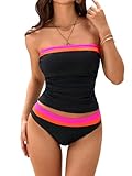 SOLY HUX Tankini Swimsuits for Women Color Block Bandeau Ruched Bikini Two Piece Bathing Suits Black and HotPink Medium