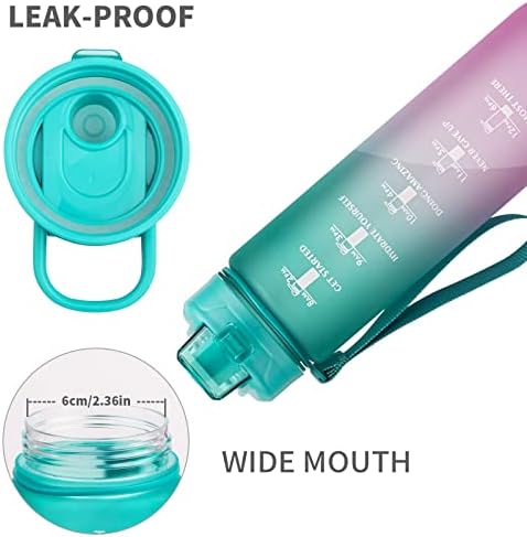 DEARRAY Motivational Sports Water Bottle 1 Litre with Straw and Time Marks, BPA Free Drink Bottles for Cycling, Fitness, Gym, Yoga, HikingGreen/Red