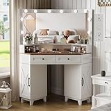 Farmhouse Corner Vanity Desk with Mirror and Lights, Makeup Vanity Table with Charging Station, 2 Drawers, 2 Cabinets & Sliding Frosted Glass Storage Space and Shelves, 3 Color Lighting Modes, White