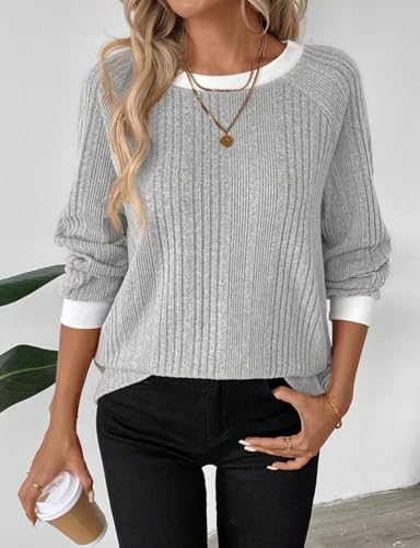 Akiooue Jumpers for Women UK,Long Sleeve Tops for Women UK Women's Fall Winter Round Neck Comfortable Jumpers Casual Fashion Sweatshirt Size 16 Grey - Image 2