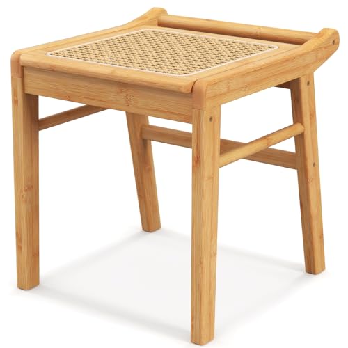 CHARMAID Vanity Stool, Bamboo Ottoman Foot Rest with Rattan Seat, Anti-Slip Foot Pads, Makeup Vanity Chair Bench for Bedroom Living Room Entryway, Capacity 265lbs, 15\" x 16\" x 17\"