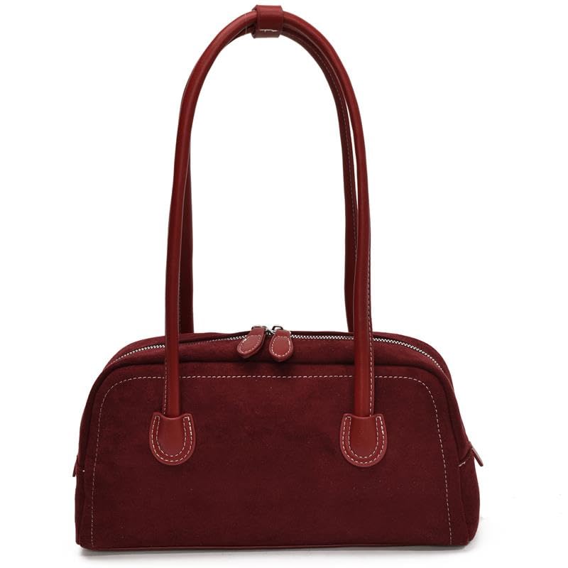 Ladies Elegant Boston Bag Suede Leather Date Handbag Vintage Shoulder Bag (Red)