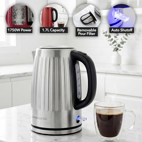 Image of OVENTE 1.7L Stainless Steel Electric Kettle, 1750W Power, Silver KS711S | Fast Boiling Heater, BPA Free, Cordless Body Design, Auto Shut-Off, Boil-Dry Protection, Indicator Light and Removable Filter