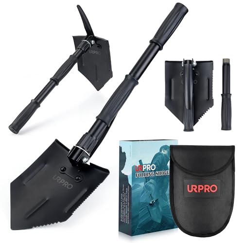 URPRO Folding Shovel with Pick and Extended Handle, Portable Carbon Steel Handle, Survival, Entrenching Tool, for Camping, Gardening, Digging, Sand, Mud & Snow