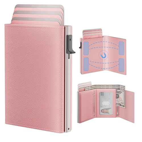 Womens Wallet Card Holder: Pop Up Card Case, Genuine Leather, RFID Blocking, Slim, Minimalist, Thin, Small Size - 13 Card Capacitiy, ID Window, Cash Pocket (Pink)