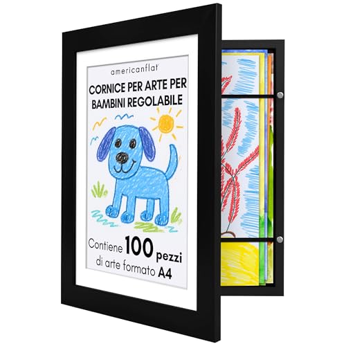 Americanflat Cornice Porta Disegni per Bambini (Nero) - Cornice A4 da Parete con Passepartout e 25,5x32 cm Senza Passepartout - Apertura Frontale con Vetro Infrangibile