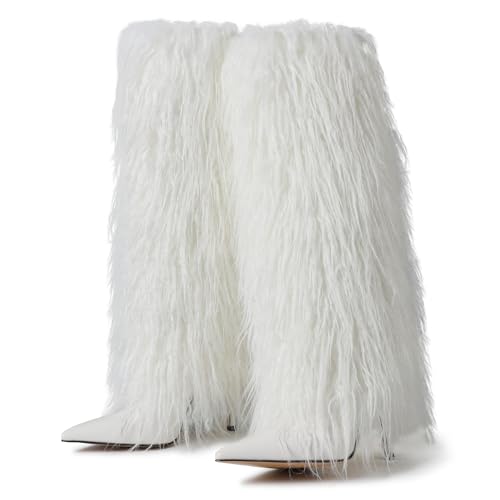 INSMIA Fur Wide Calf Knee High Boots Women Furry Fold Over Tall Boots