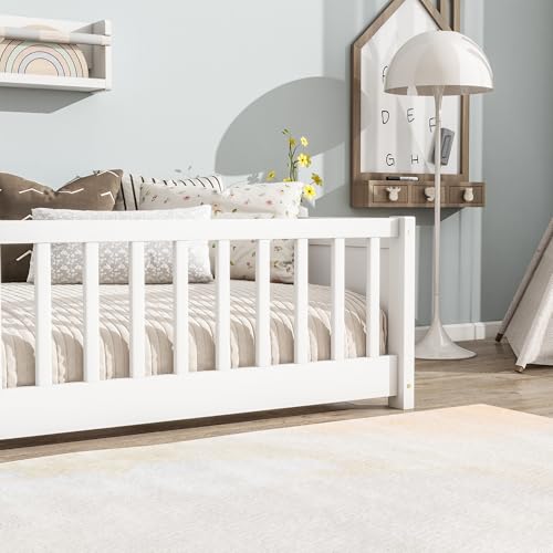 Image of Twin Size Kids Montessori Floor Bed,Twin Floor Bed Frame with Slats and Bookcase,Solid Wood Montessori Bed for Girls Boys,White
