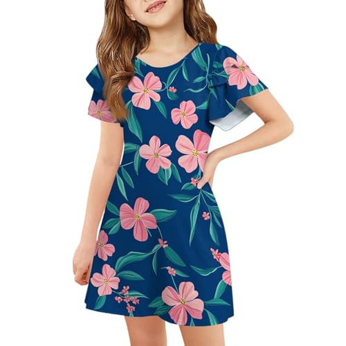 Girls' Floral Print Dress Short Sleeve Crewneck Casual Summer Clothes Party Holiday Sundress Ages 3-11 Years