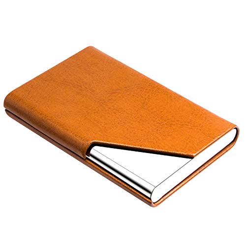 Image of Padike Business Card Holder, Upgraded Leather Business Card Case Pocket Card Holders for Men or Women, Metal Slim Name Card Holder RFID Blocking Business Card Carrier with Magnetic Closure(Z-Orange)