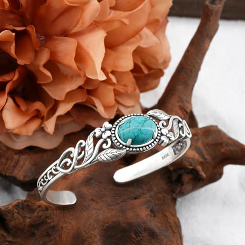 Natural Turquoise Cuff Bracelet for Women - 925 Sterling Silver Vintage Western Boho Bracelet with Sunflower, Cross, Tree of Life & Mountain Design - Sun Adjustable Turquoise Stone Cuff Jewelry3