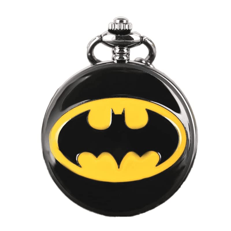Tiny Tim Batman Logo Pocket Watch Keychain | Superhero Themed Quartz Keyring for Boys & Men | Black & Yellow Retro Flip Cover Watch | Gift for Batman Fans & Collectors (Batman Black)