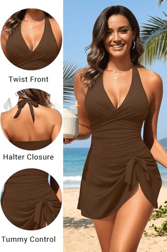 Image of Women Tummy Control One Piece Swim Dress Ruched Swimsuit with Skirt | Halter V-neck Design, Adjustable Straps, Removable Cups, Side Bow-tie, Sexy, Flattering, Slimming