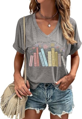 Book Shirt for Women It’s a Good Day to Read Book Tshirt Teacher Life Shirt Bookworm Reading Retro Floral Bookish Graphic Tee Tops(M,Grey-01)