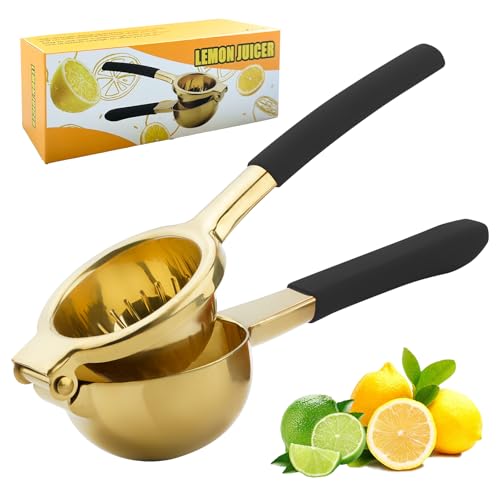 SHIKORI Gold & Black Heavy Duty Lemon Squeezer, 304 Stainless Steel Manual Citrus Press Juicer, 15% More Juice, Easy to Clean