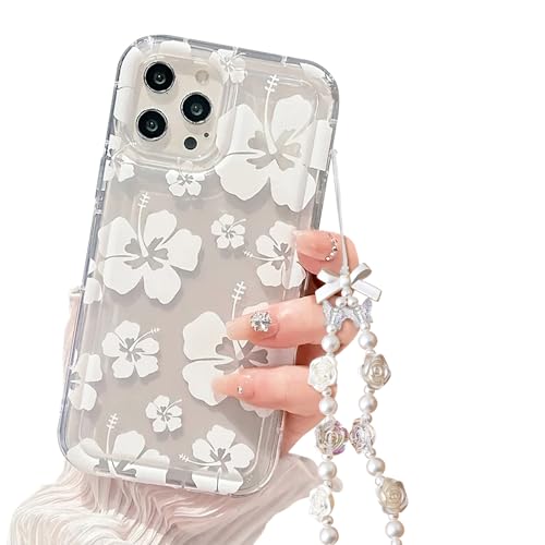 Coque iPhone 14 Pro fleur hibiscus transparente antichoc avec chaîne perles pour femme