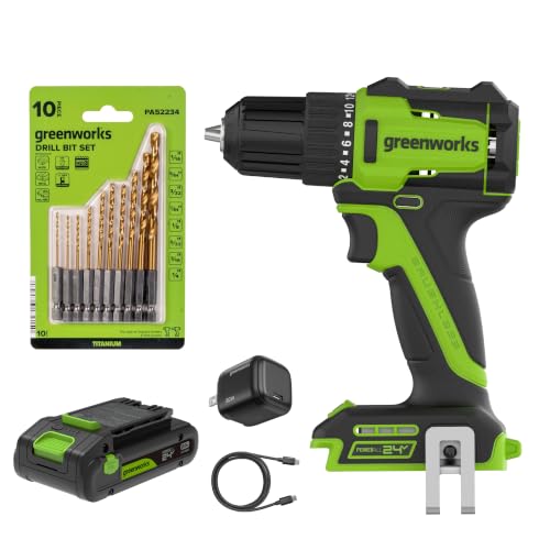 Image of Greenworks PowerAll 24V Cordless Brushless 3 /8 inch 280 in-lbs Drill /Driver, Lightweight,19+1 Clutch, 2.0Ah USB-C Battery (12,000mAh Power Bank),30W USB-C Charger and Cable,10PC Titanium Drill Bit Set