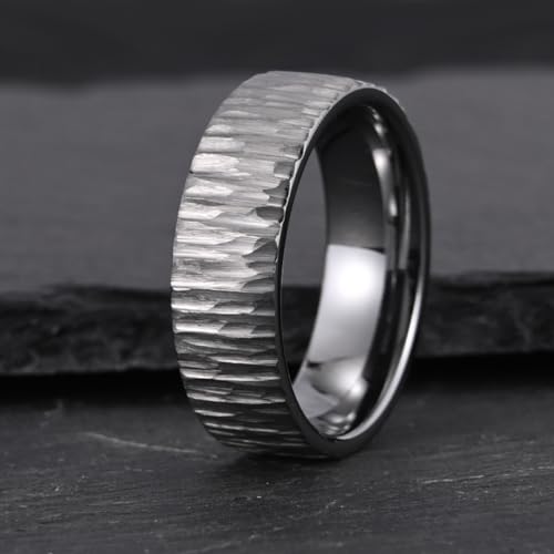 Tungsten Carbide Ring for Men Women 8mm Silvery Hammered Bark Textured Classic Men's Wedding Bands Polished Comfortable Fit Suitable for Party Anniversary2