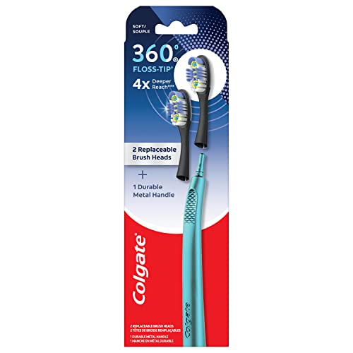 Colgate 360 Floss Tip Replaceable Head Toothbrush Starter Kit, 2 Brush Heads and Metal Handle - image 1