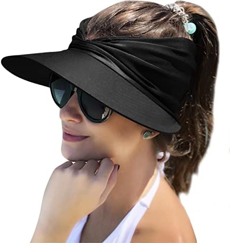 Muryobao Womens Sun Visor Hat Wide Brim Summer UPF 50+ UV Protection Beach Sport Cap Black