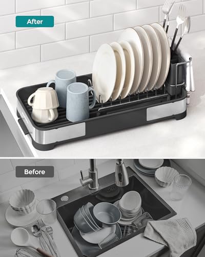 SONGMICS Small Dish Drying Rack, Dish Dryer for Kitchen Counter, Stainless Steel Dish Rack with Drain, Utensil Holder, Rustproof, for Dishes, Knives, Spoons, Forks, Silver and Black UKCS034B01 - Image 5