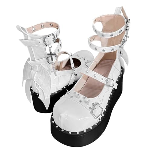 ZQW Gothic Y2K Mary Jane Platform Shoes for Women Round Toe Devil Wings Metal Studs Chunky Adjustable Buckle Strap Punk Chic Cosplay Halloween Shoes