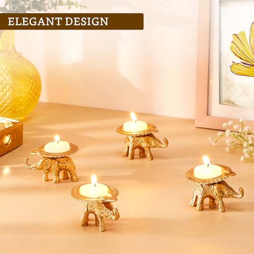 Image of Amazon Brand - Solimo Decorative Handcrafted Metal Elephant Diya for Puja | Tealight Candle Holder for Home Decor & Gifting (Pack of 4) | 8 x 6.5 x 4.5 cm Each | Gold Finish
