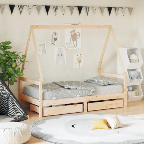 Tidyard Kids Bed Frame House Bed Base with Drawers, Treehouse Style Bed for Kids with Storage Underneath 80x160 cm Solid Wood Pine Cots & Toddler Beds